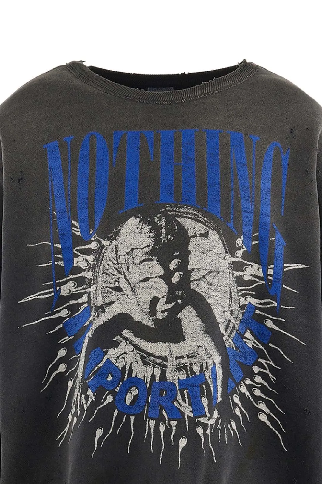 SAINT Mxxxxxx × Kosuke Kawamura KK_CRW SWT/NOTHNG IMP/BLK joint model Holy Infant Tadpole retro distressed sweatshirt, washed black S-XL Assute dyeing, genuine whole garment sprayed with horsetail fading process, collar/cuffs frayed in many places, front and rear panels/sleeves super complicated hanging grinding, heavy washing and distressing, correct fruit mark/angel mark